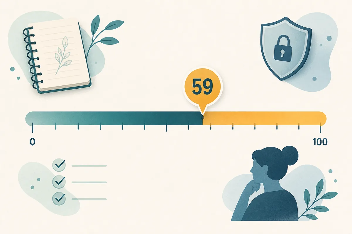 59 Rice Purity score shown on a calm 0 to 100 score scale with privacy symbols
