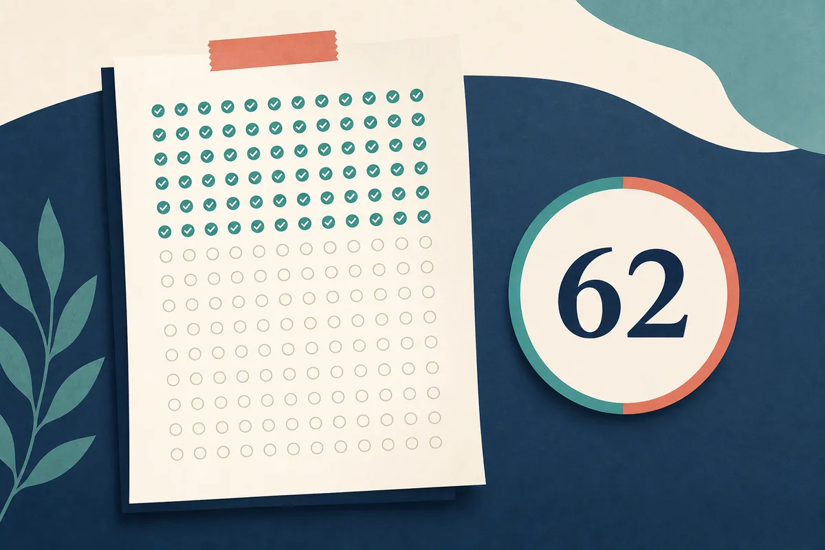 Editorial illustration of a checklist beside a Rice Purity score of 62