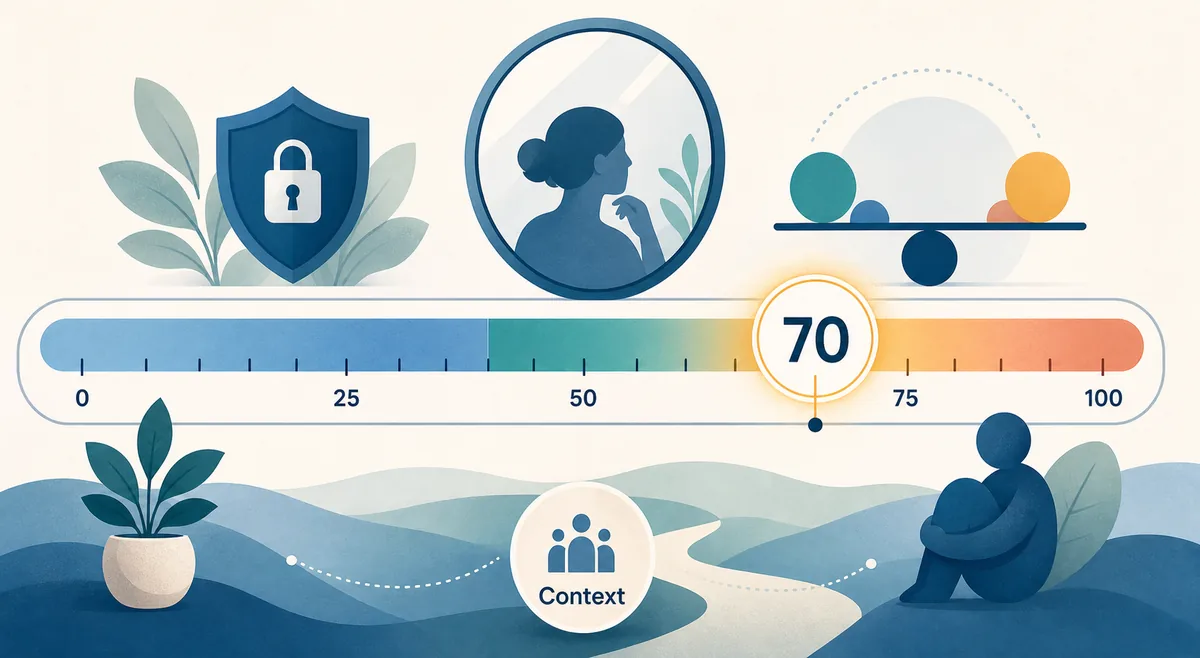 70 Rice Purity Test score shown on a calm score scale with privacy and context symbols