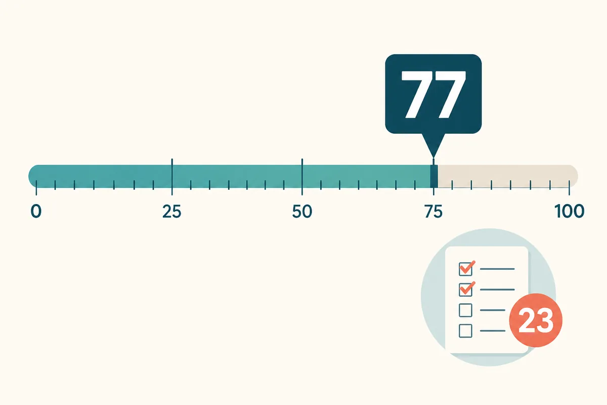 77 Rice Purity score marked near the high end of a 0 to 100 scale with 23 checked items