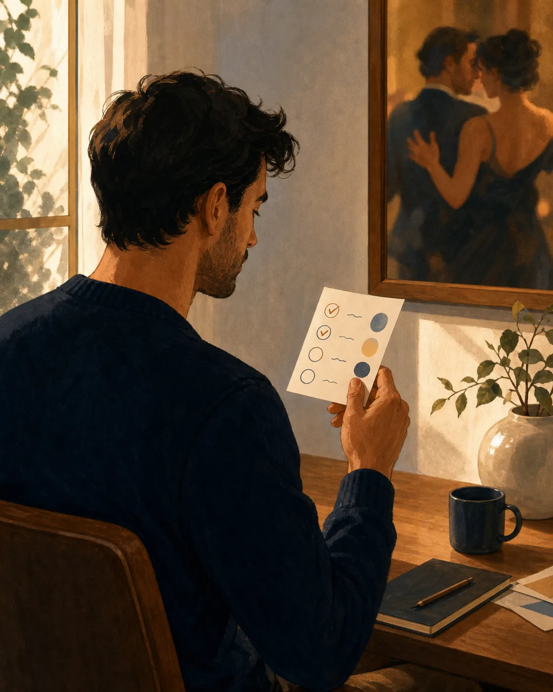 Adult reader considering a private checklist while a close dance appears in a framed reflection, editorial illustration