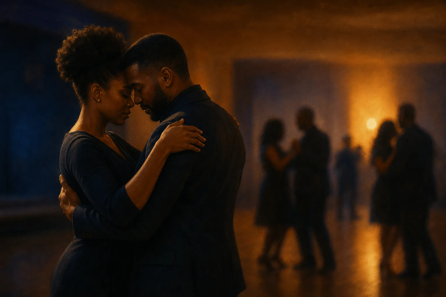 Two fully clothed adults slow dancing closely in a warm community dance hall, editorial illustration