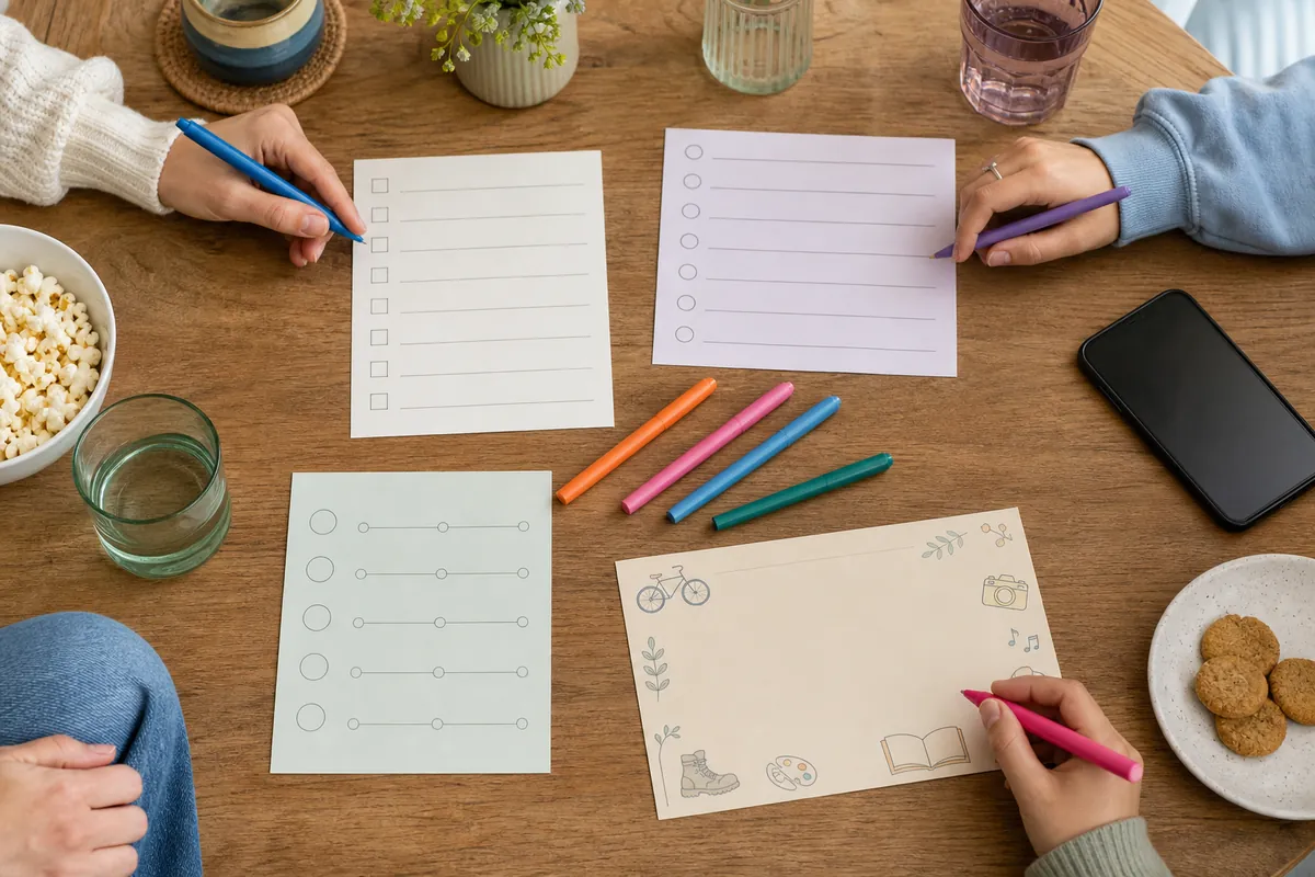 Blank checklist, rating sheets, and themed quiz cards showing different test formats