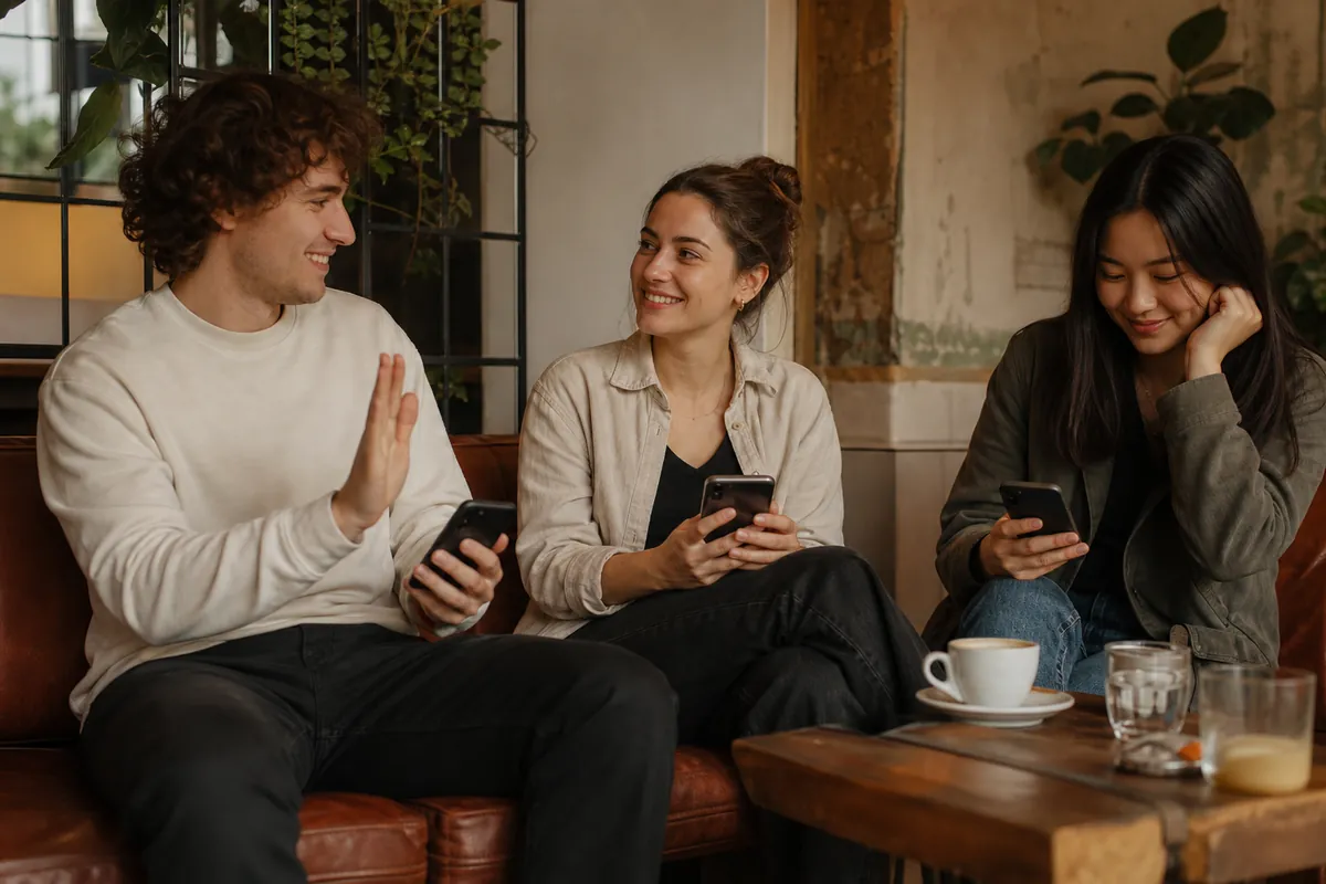 Friends taking a quiz privately while one person uses a pass gesture