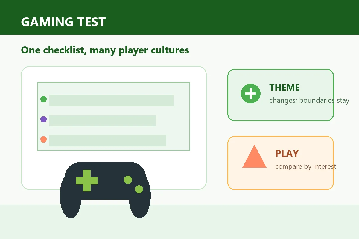 Editorial illustration of a gaming checklist, controller, and different player cultures