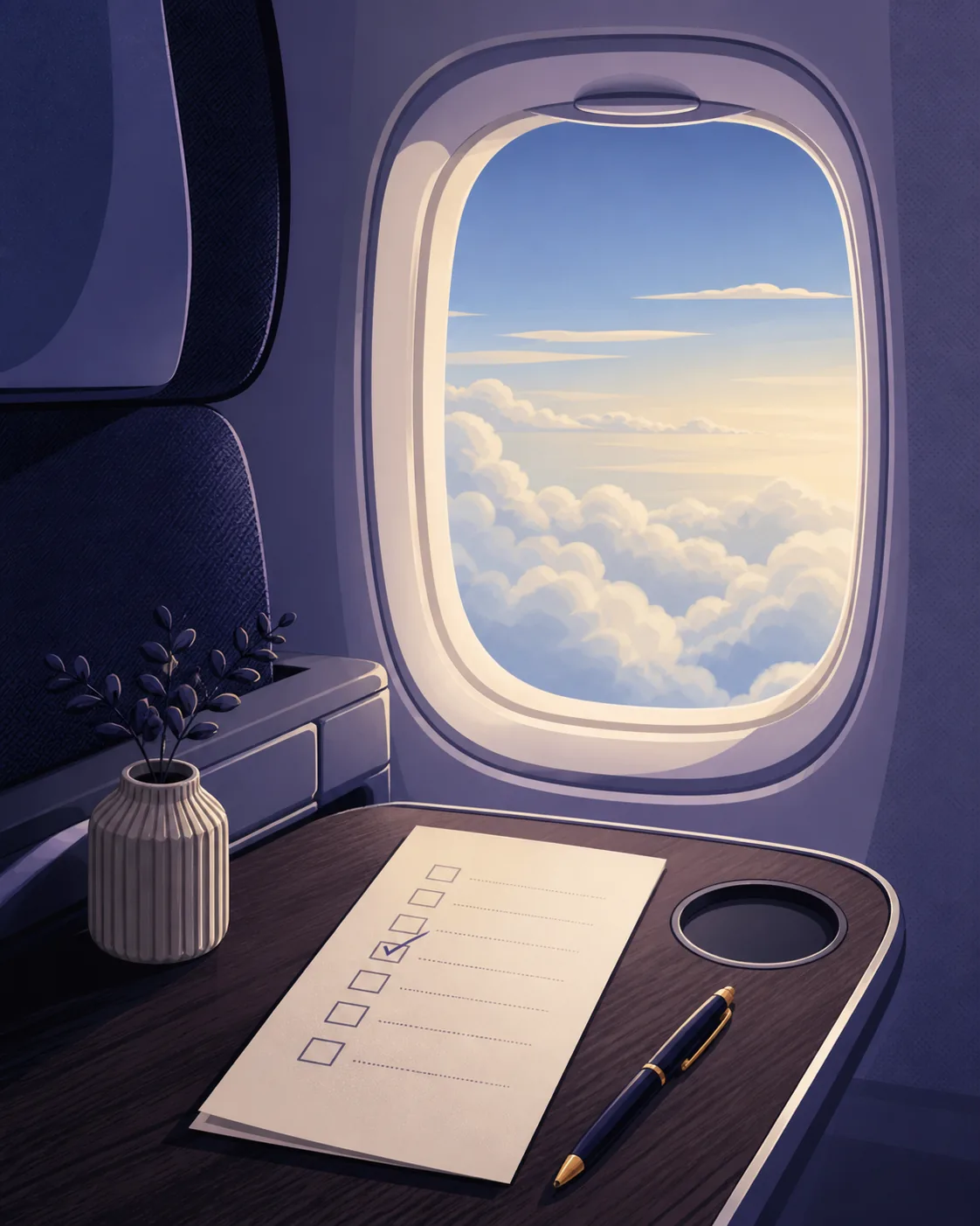 Editorial illustration of an airplane window, clouds, and a private checklist for explaining the mile high club meaning