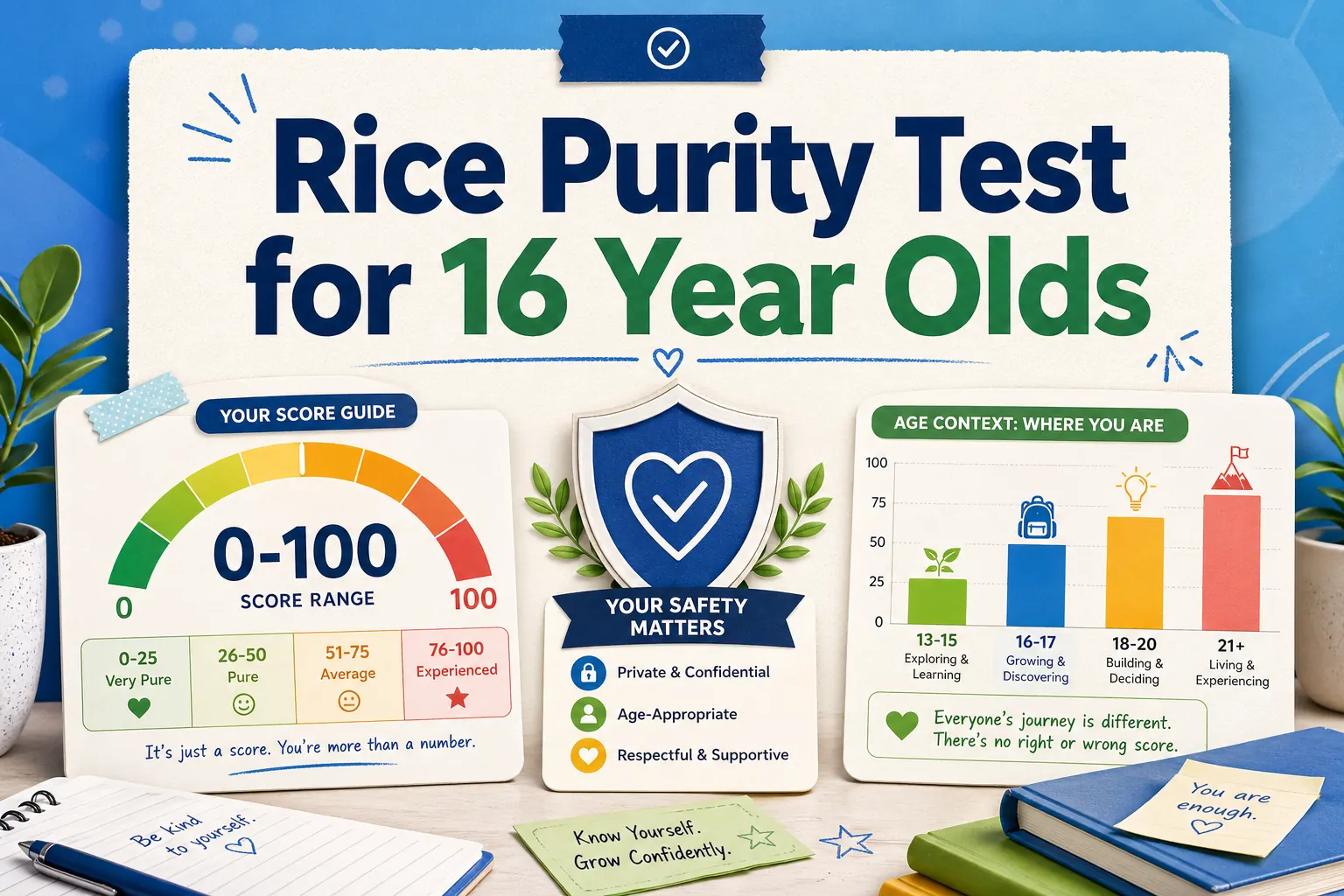 Rice Purity Test for 16 year olds score guide with safety shield and age context chart