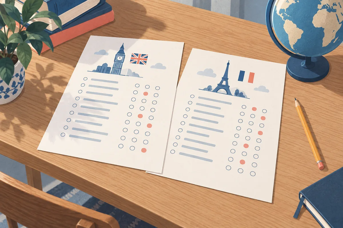 Editorial illustration of English and French Rice Purity Test questionnaires on a study table