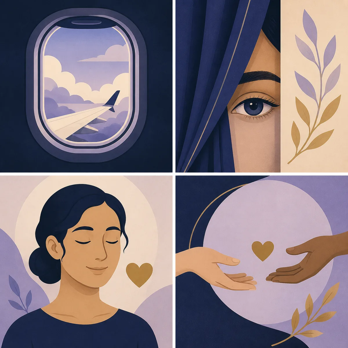 Editorial comparison illustration using an airplane, an eye, a calm face, and two hands to represent different Rice Purity Test terms