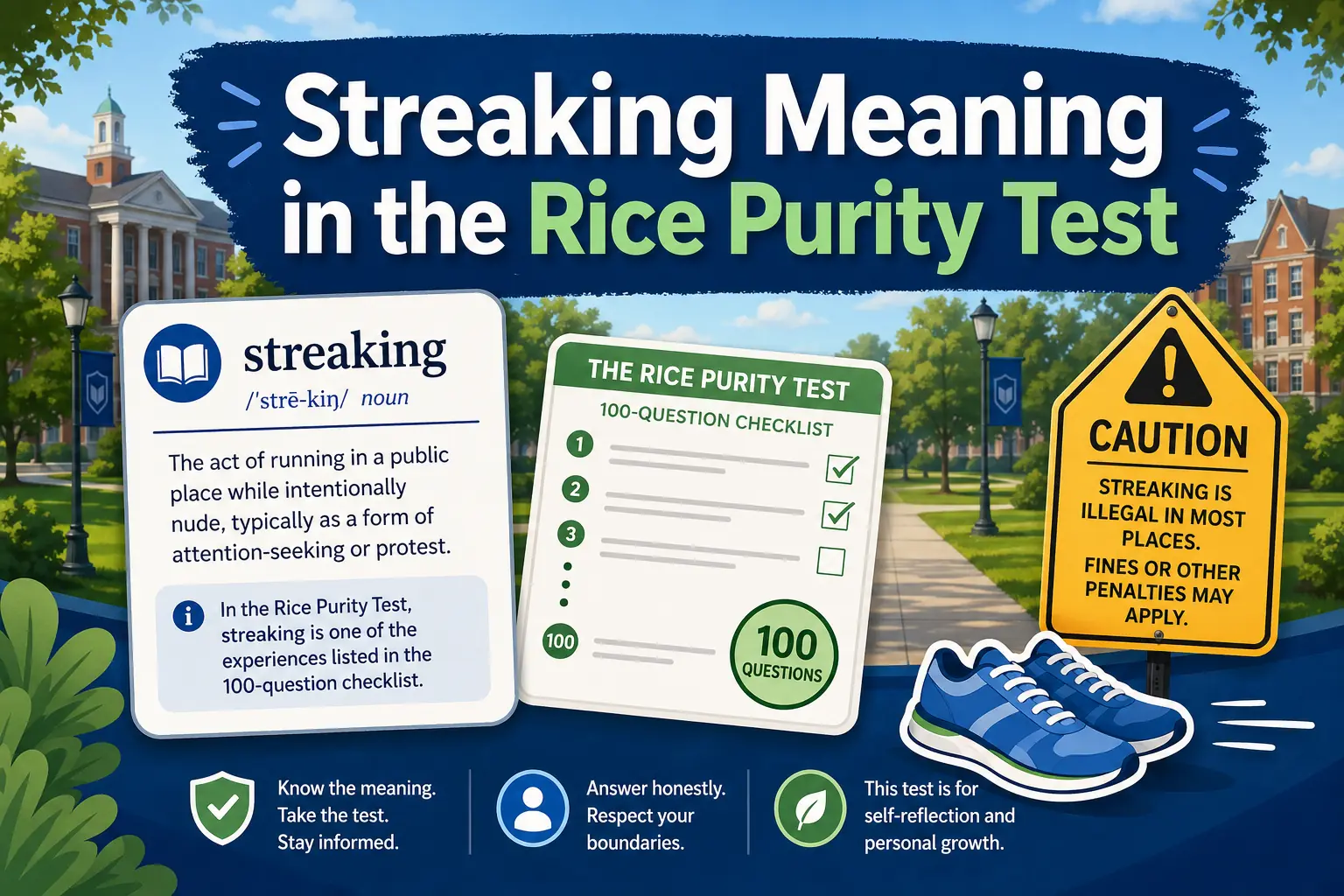 Streaking meaning in the Rice Purity Test shown as a definition card with checklist and safety context